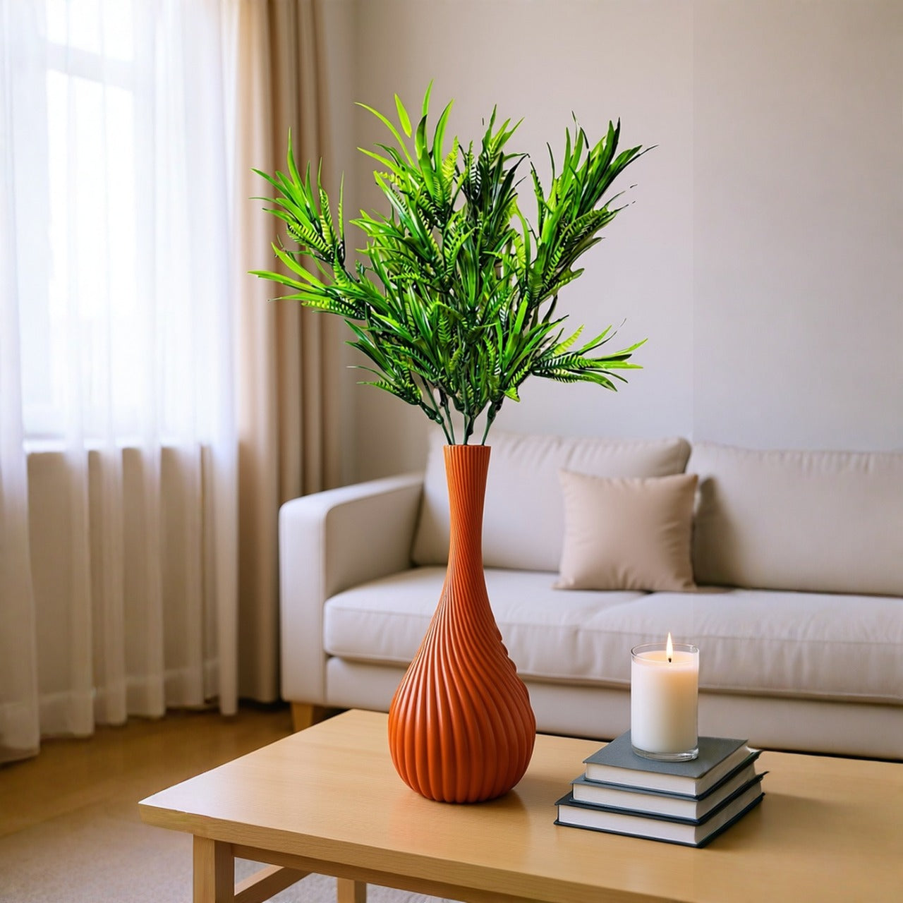 Bottle Shape Spiral Plastic Vase (Brown) with Bunch of Plastic Plant