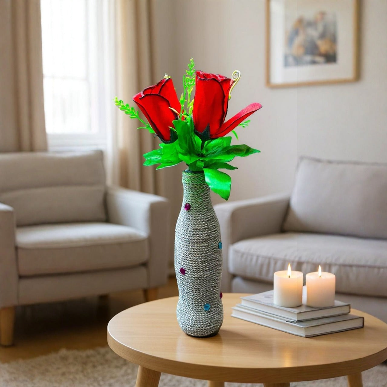 Handcrafted Glass Bottle Vase Embellished with Silver Rope & Beads (with 2 Rose Flower Stems)