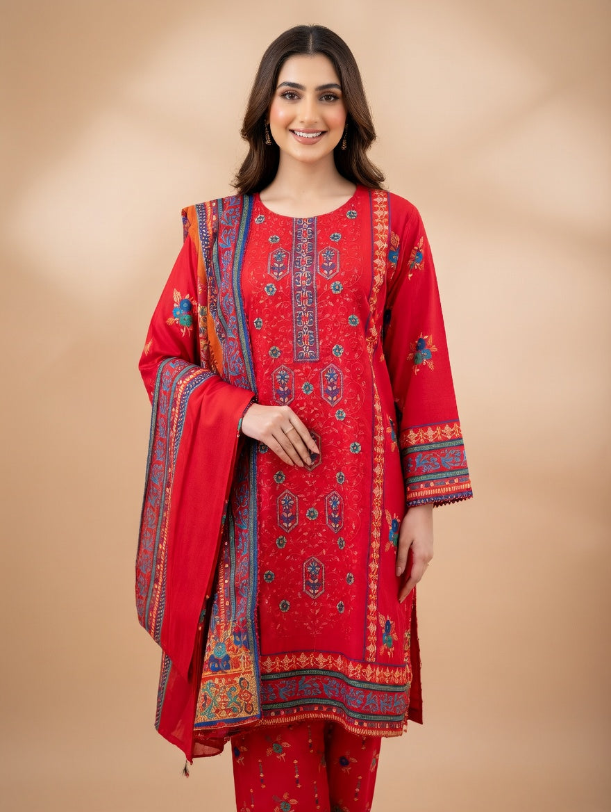 3-Pcs Printed & Embroidered Lawn Suit (Stitched)