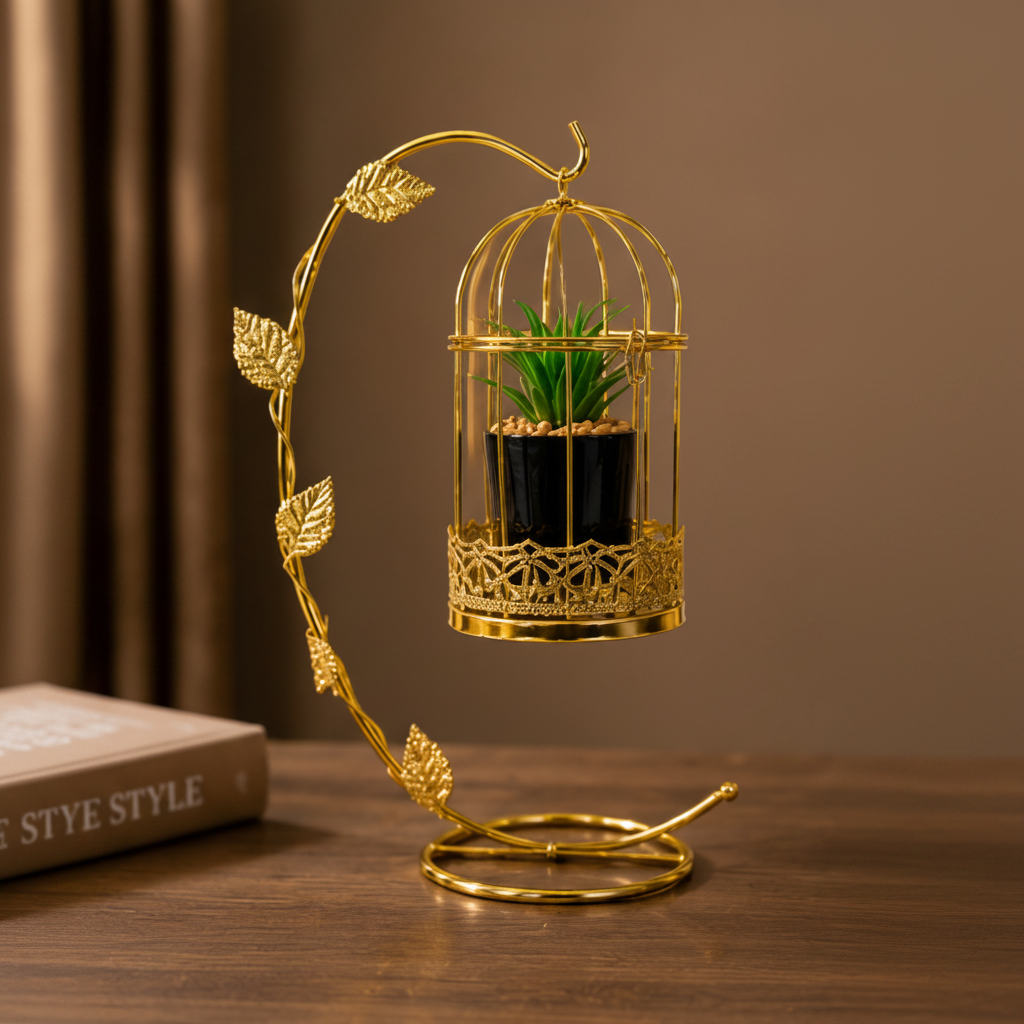 Golden Metallic Cage with Plant Pot inside, hanged on Golden Arc Shaped Stand