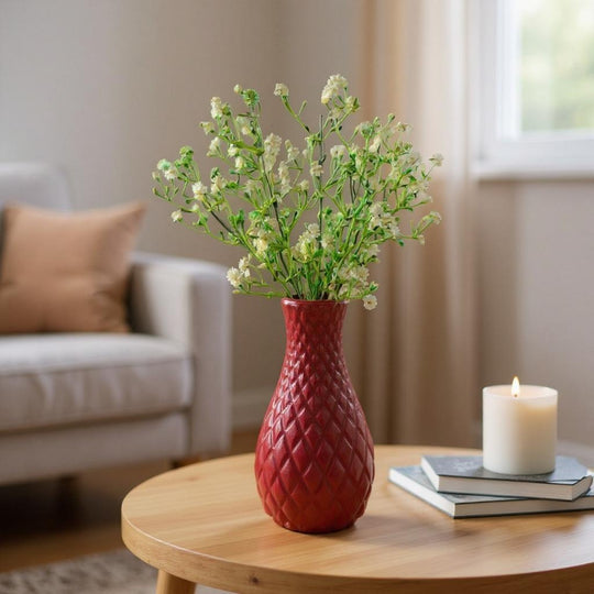 Unique Designer Plastic Vase (Maroon) with Bunch of Plastic Gypsophila Flowers