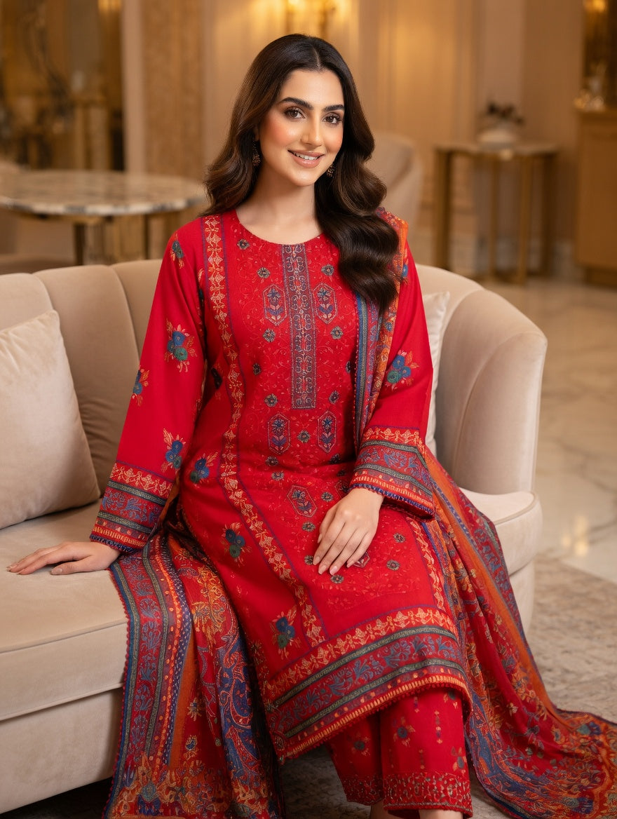 3-Pcs Printed & Embroidered Lawn Suit (Stitched)