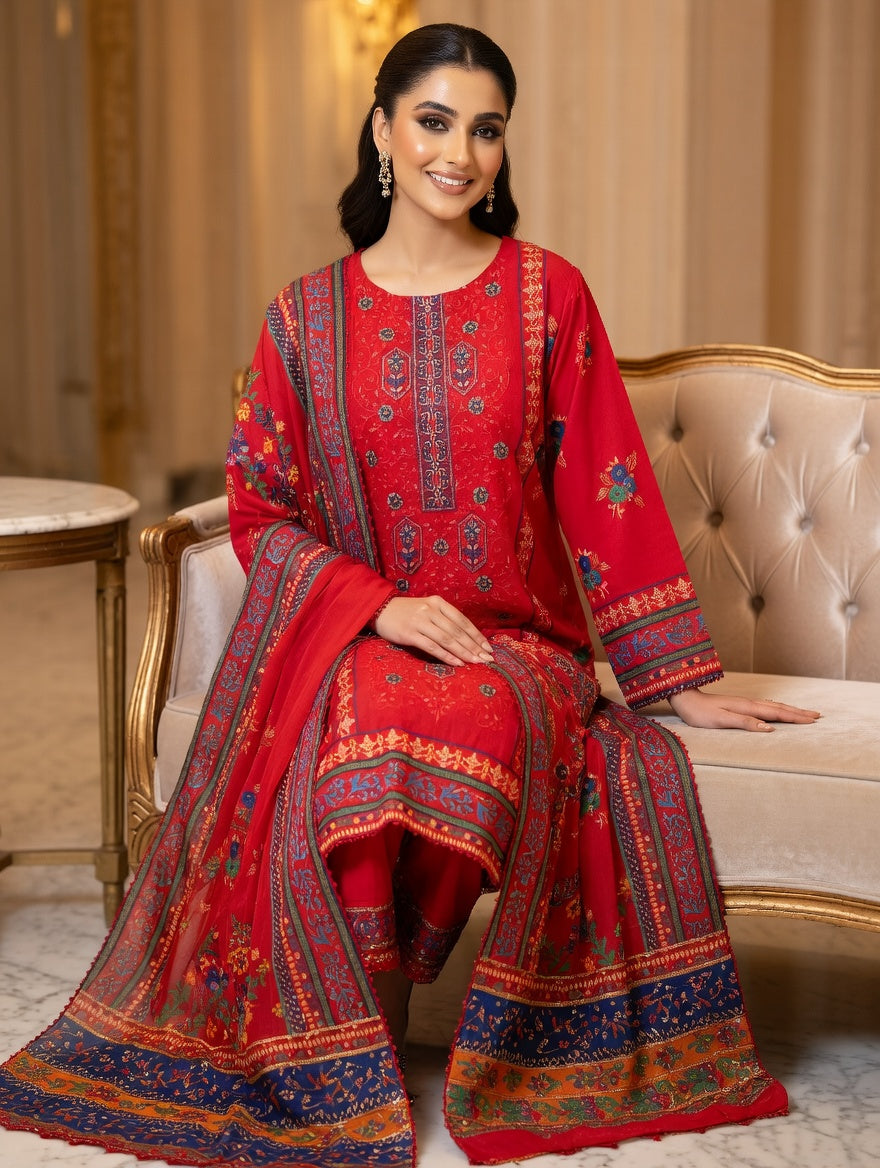3-Pcs Printed & Embroidered Lawn Suit (Stitched)