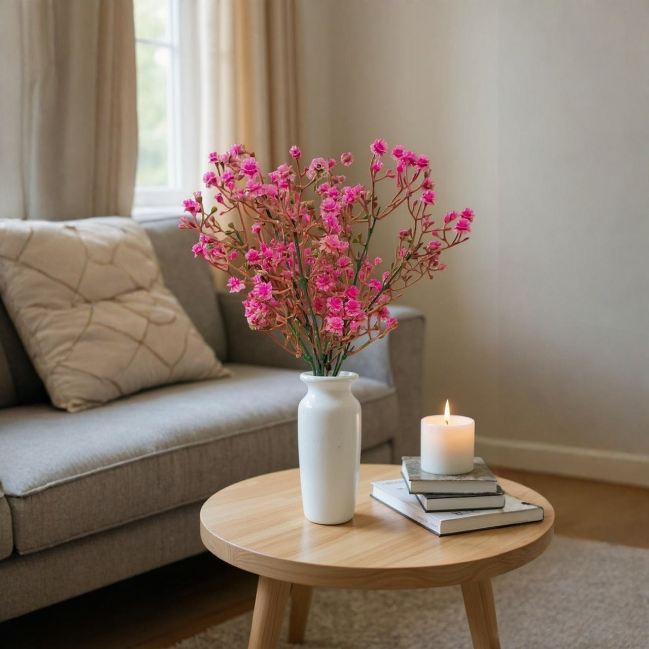 Elegant Ceramic Vase (White) with Bunch of Plastic Gypsophila Pink Flowers