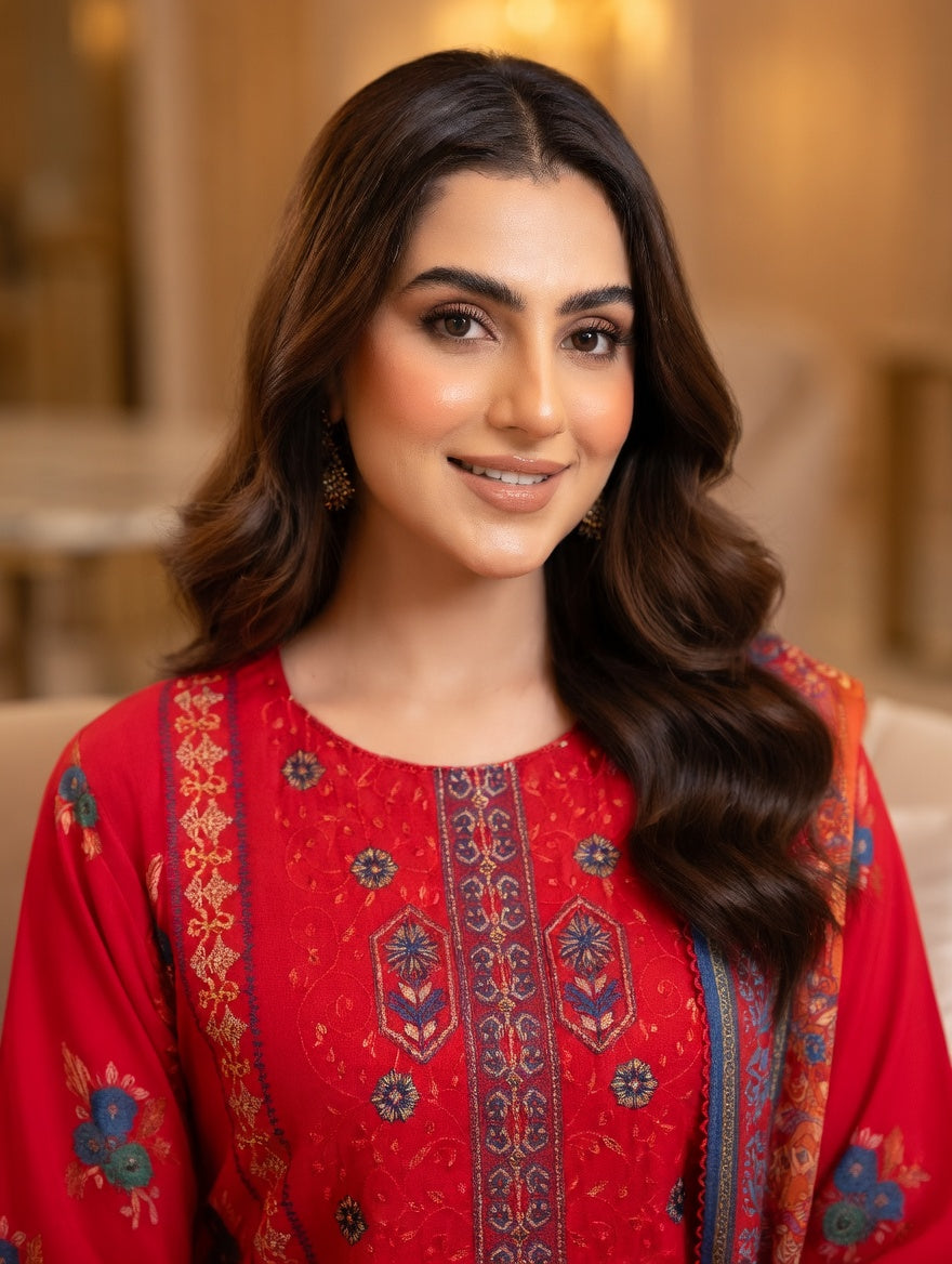 3-Pcs Printed & Embroidered Lawn Suit (Stitched)