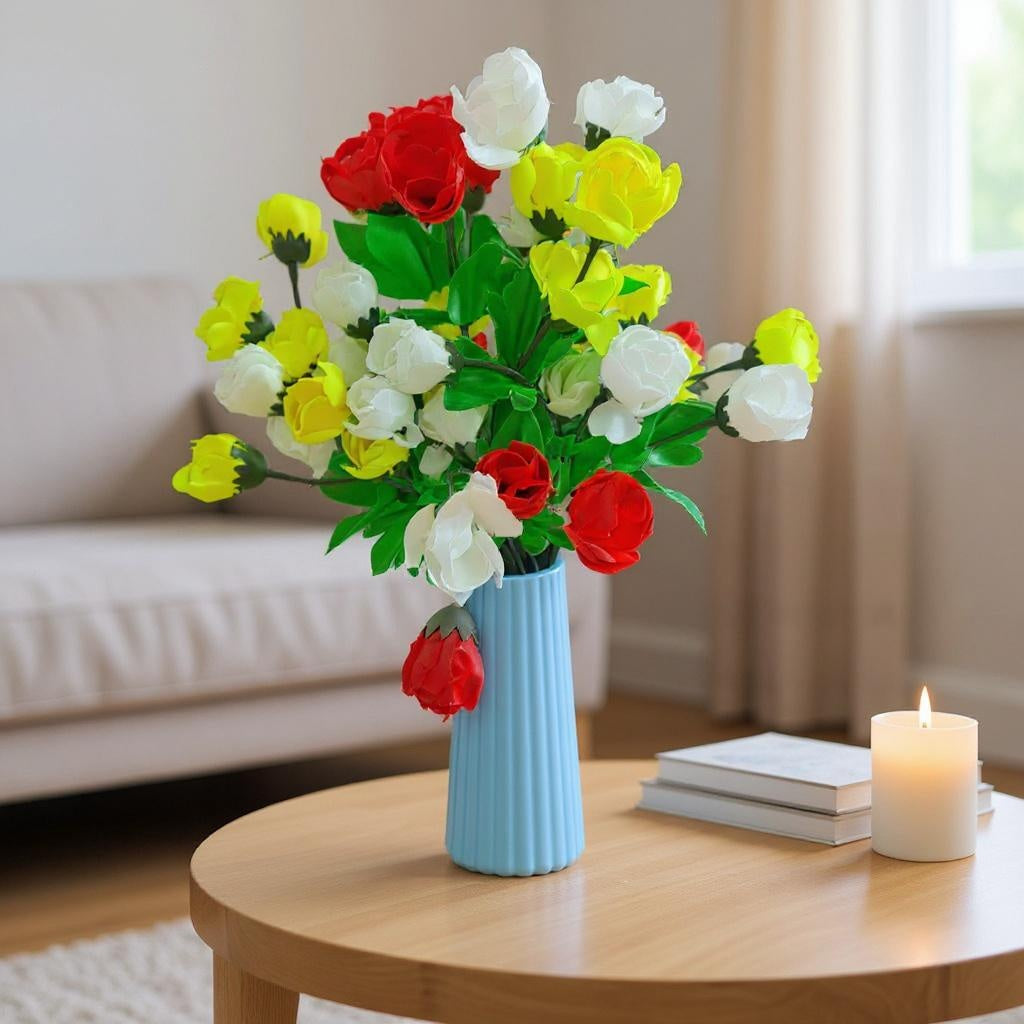 Aesthetic Ceramic Vase (Blue) with Bunch of Multi Colour flowers
