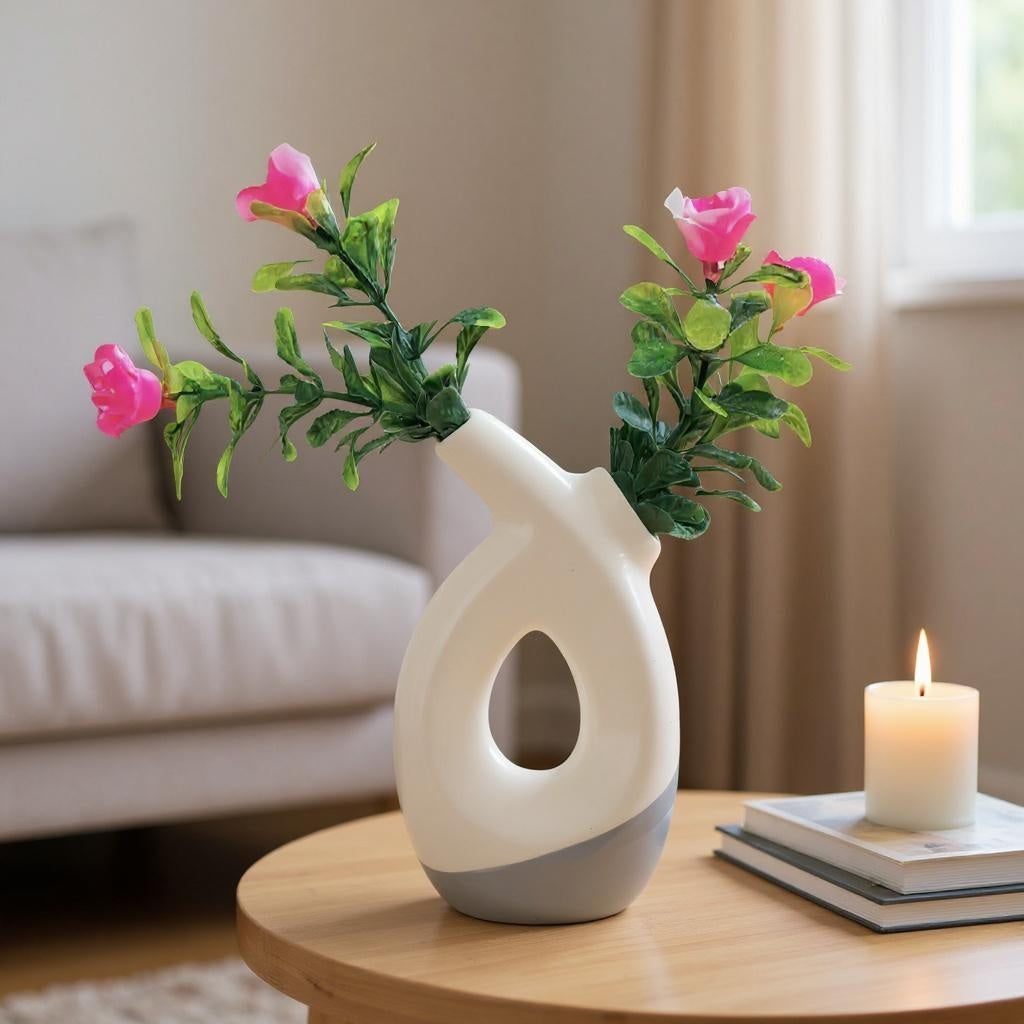 Aesthetic Dual Opening Ceramic Vase with artificial Plastic Plant Leaves & Pink flowers
