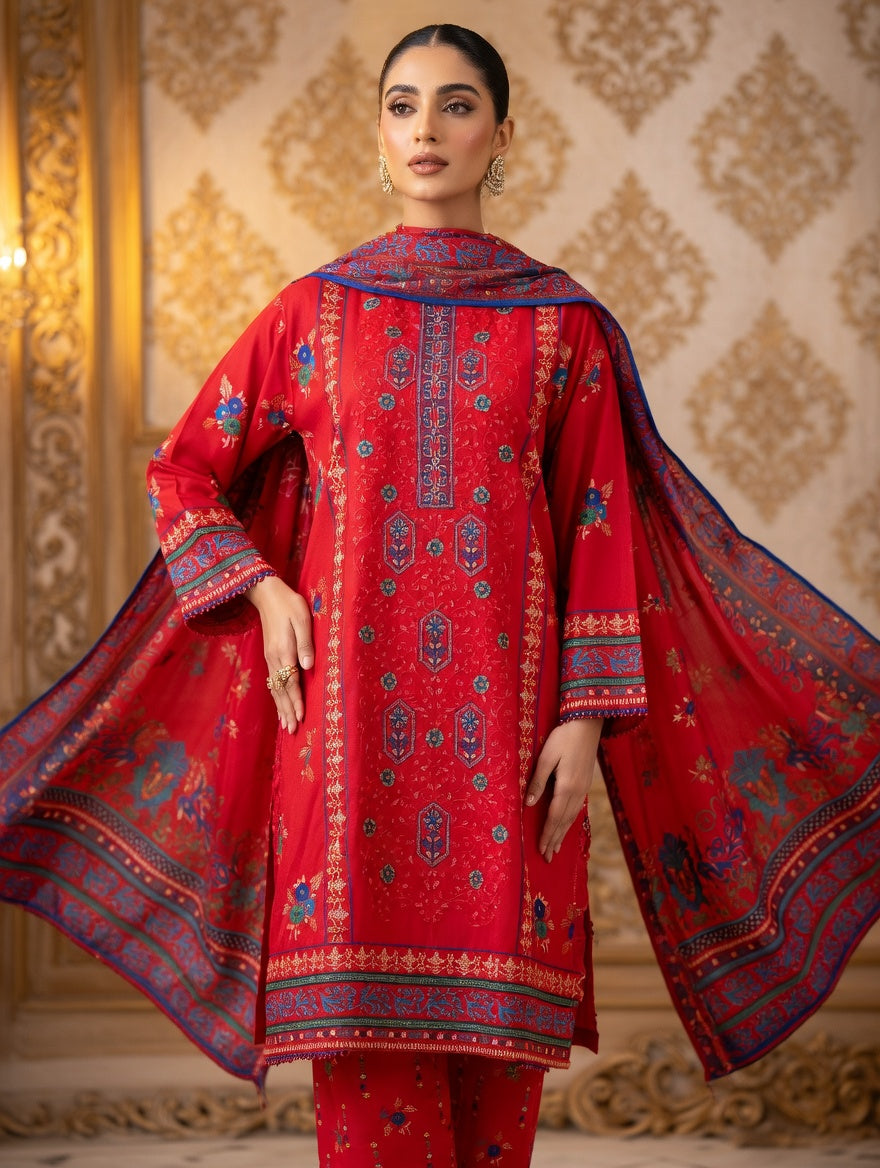 3-Pcs Printed & Embroidered Lawn Suit (Stitched)