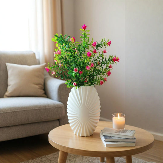 Off-White Plastic Vase with Bunch of Plastic Plant leaves & Pink flowers