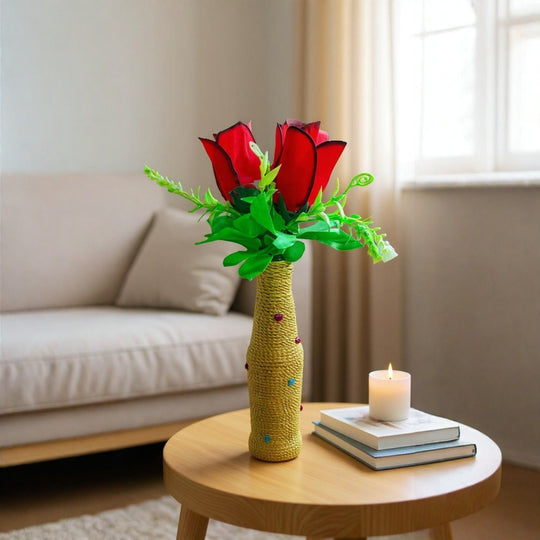 Handcrafted Glass Bottle Vase Embellished with Golden Rope & Beads (with 2 Rose Flower Stems)