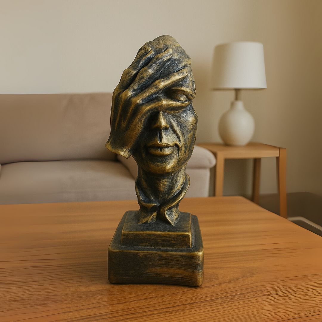 Golden-Black Vintage look Silent Face Sculpture with Hand on Eyes & Ear