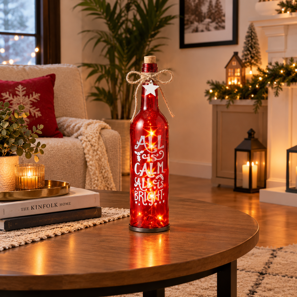 Red Glass Bottle with printed “All is Calm, All is Bright” with LED Starry String Lights inside