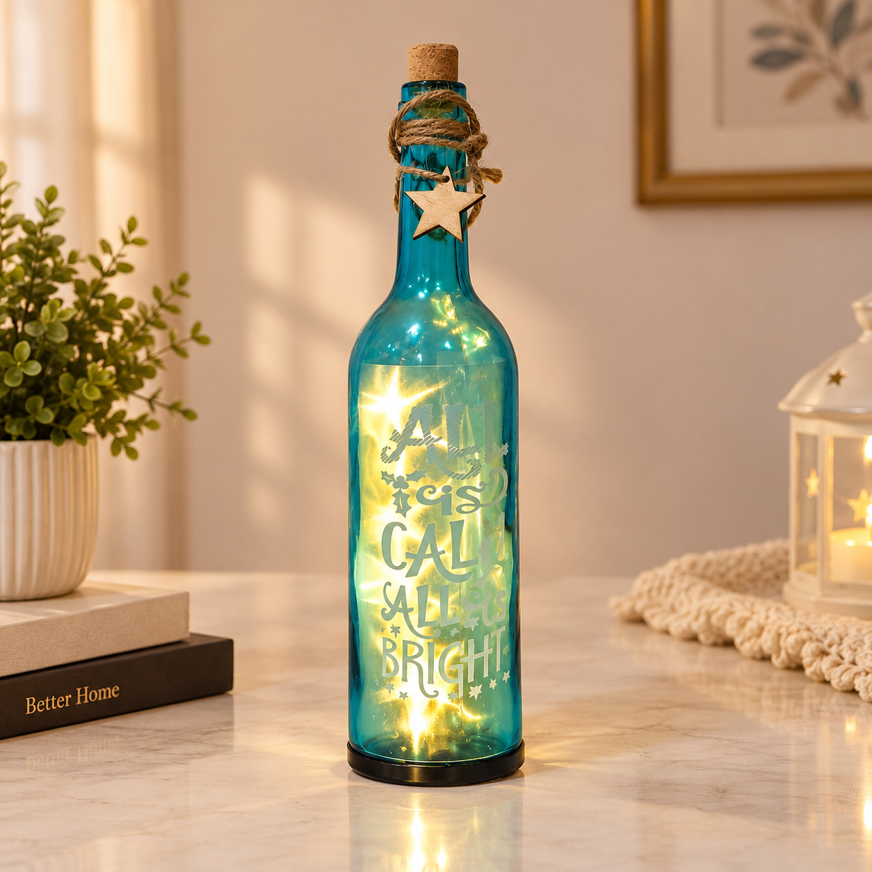 Blue Glass Bottle with printed “All is Calm - All is Bright” with LED Starry String Lights inside