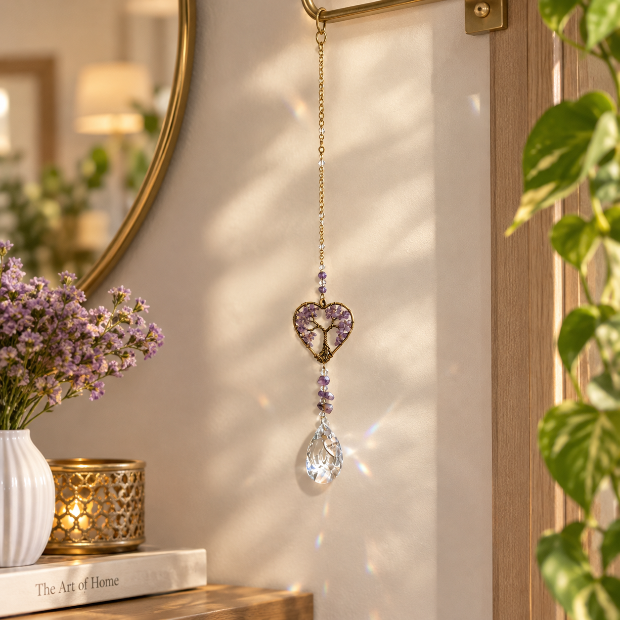 Antique Gold Metallic Hanging Ornament with a Purple Tree inside Heart and Suncatcher Crystal Charm