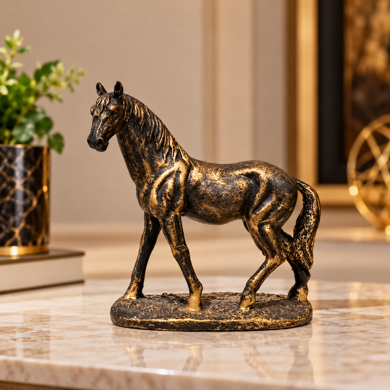 Antique Golden-Black Statue of Mini Horse