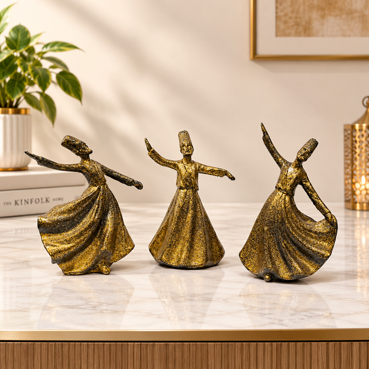 3-Pcs Set of Glitter Finished Antique Golden-Black Resin Statues of Dancing Sufis
