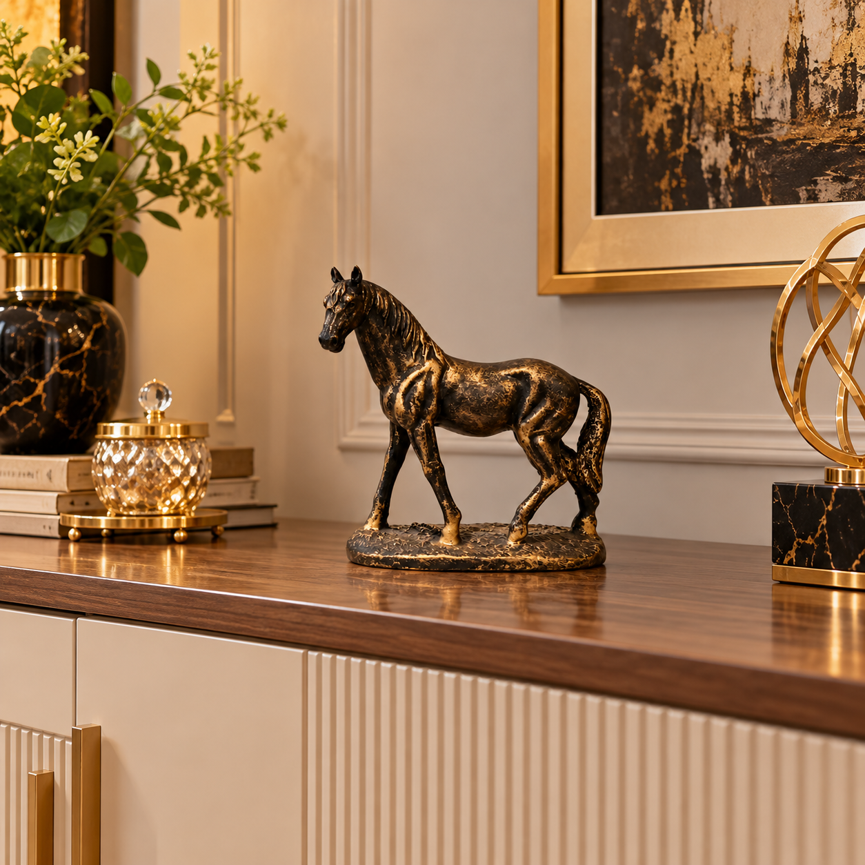 Antique Golden-Black Statue of Mini Horse