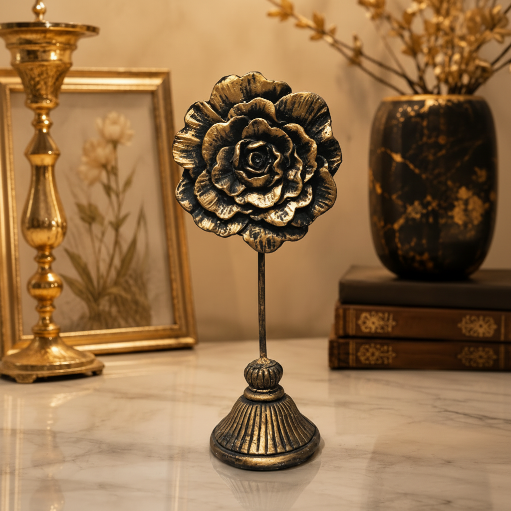 Antique Golden-Black Resin Sunflower on Stand