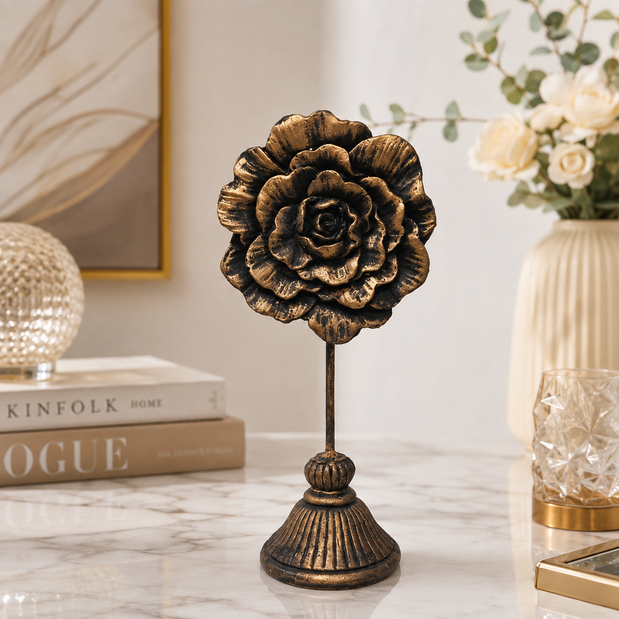Antique Golden-Black Resin Sunflower on Stand