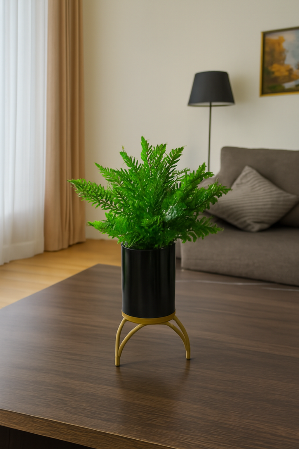 Black Ceramic Pot with Classic Green Plant on Golden Metallic Stand