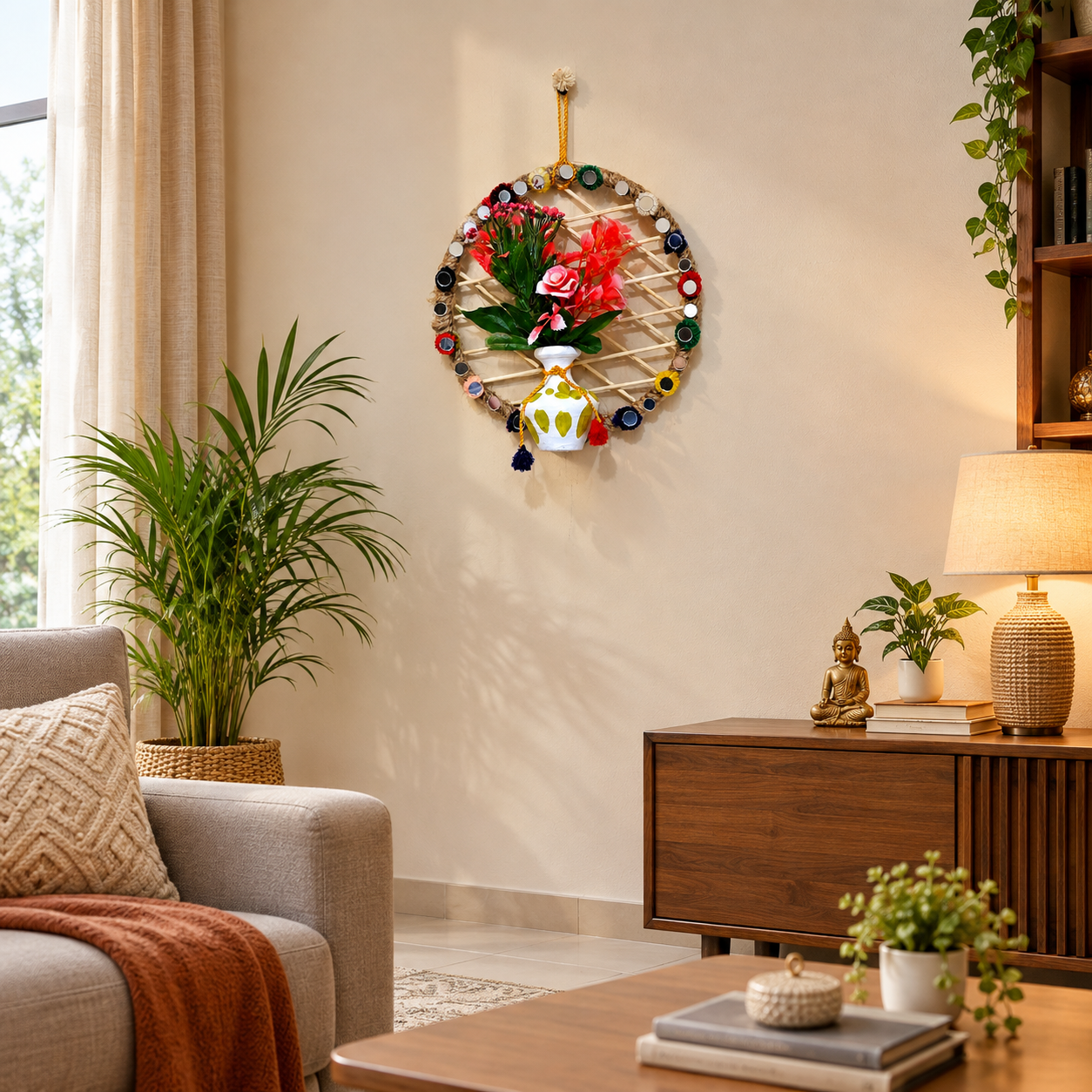 Handmade Circular woven stick framework wrapped in jute rope, decorated with mirror accents, a painted white pot, and artificial red and pink flowers