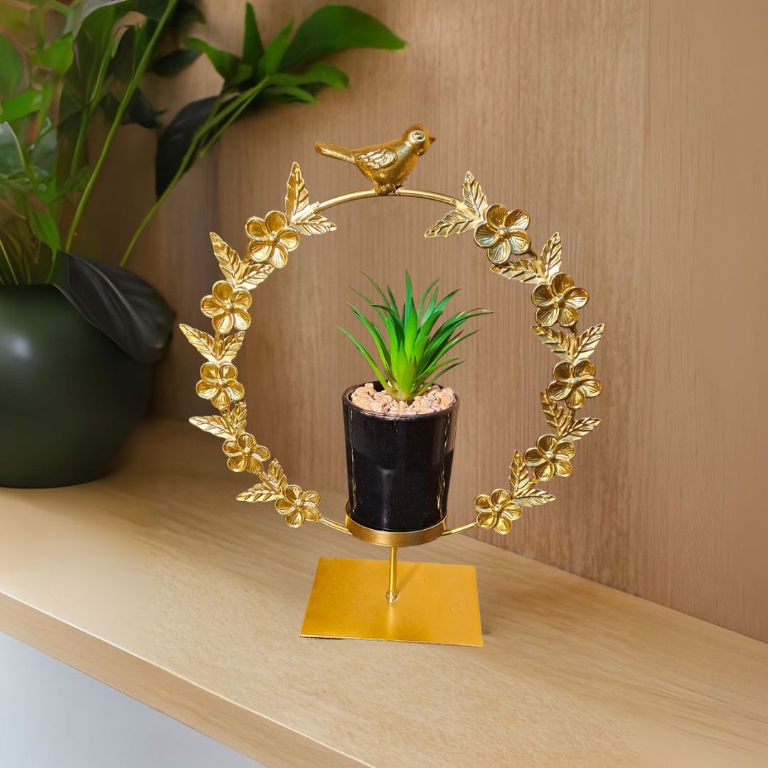 Cactus with Planter inside Round Floral Frame