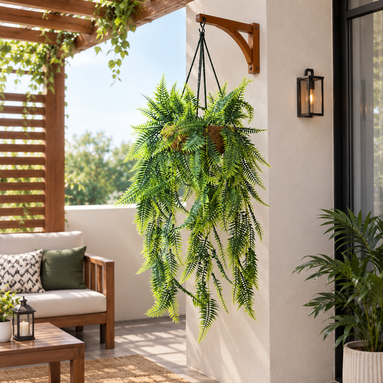 Artificial Boston Fern hanging plant in a Coconut Fibers covered Plastic Basket