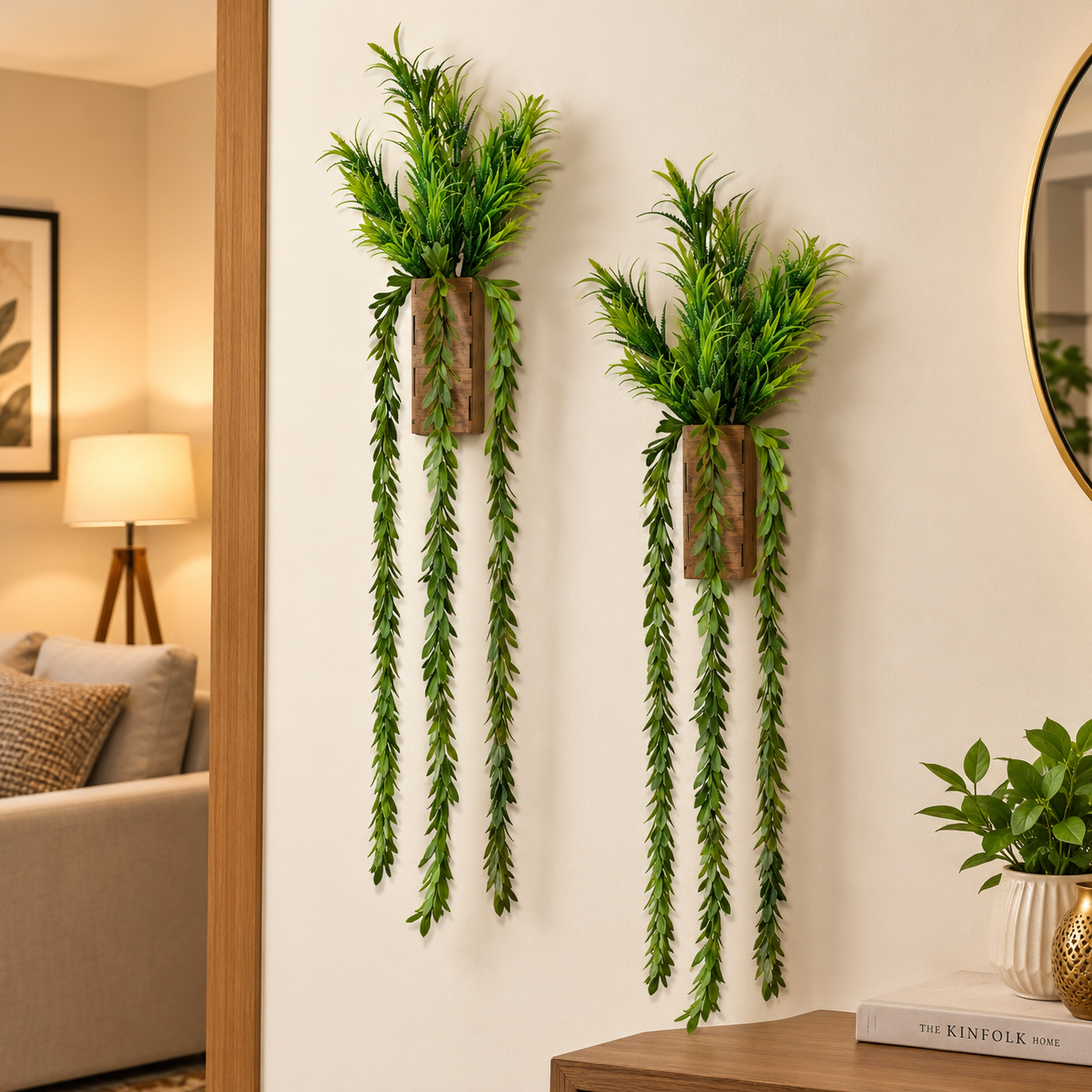 2 Pcs Set of Wooden wall Planters with artificial Plants