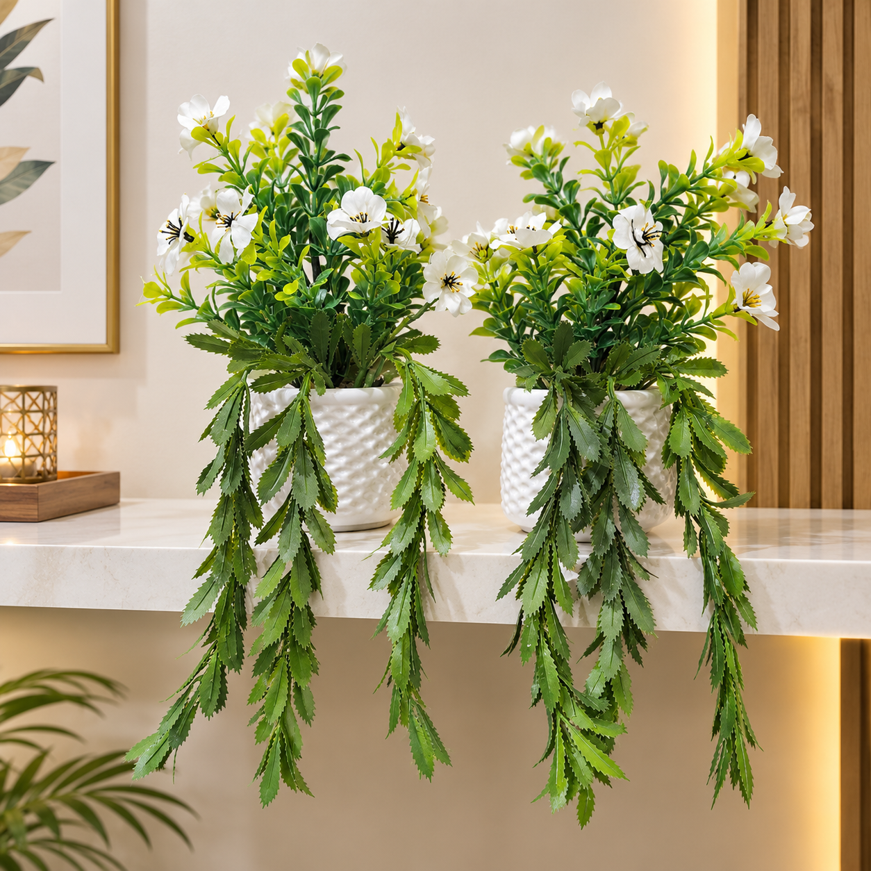 Pack of 2 White Textures Plastic Pots with artificial White Blossoms Plants
