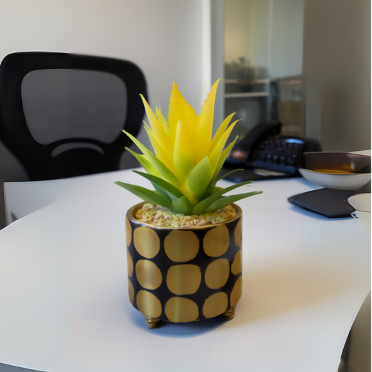 Ceramic Pot (Golden-Black) with artificial Cactus Plant