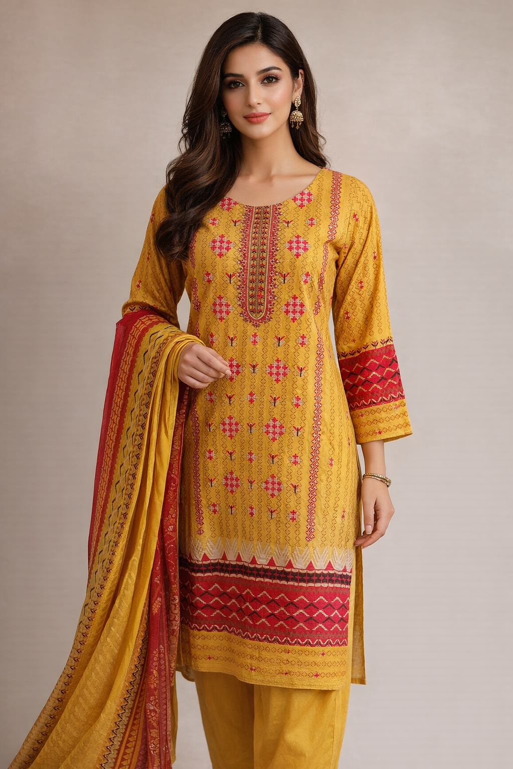 3-Pcs Printed & Embroidered Lawn Suit (Stitched)