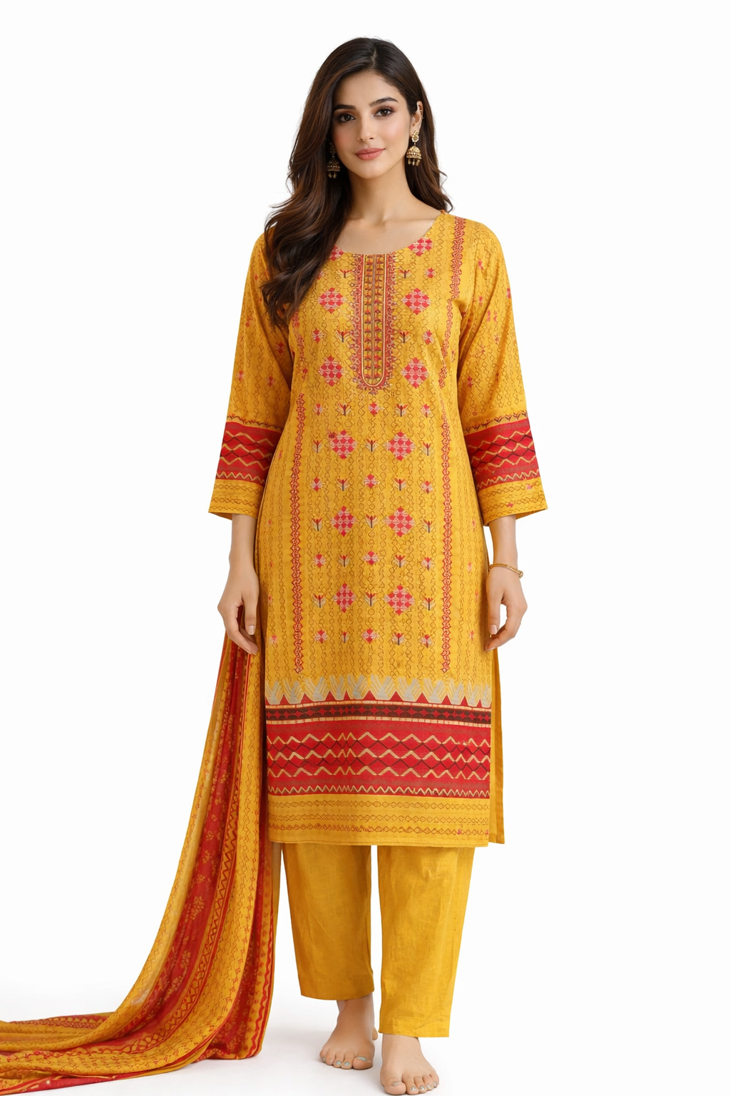 3-Pcs Printed & Embroidered Lawn Suit (Stitched)