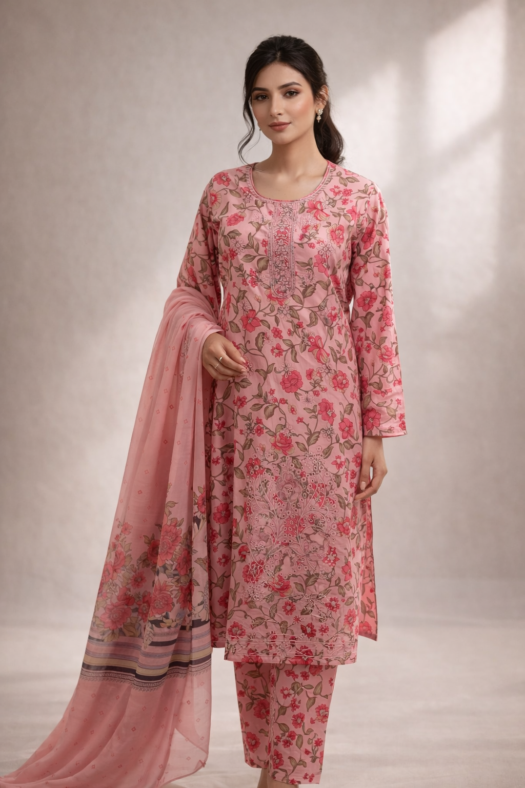 3-Pcs Printed & Embroidered Lawn Suit (Stitched)