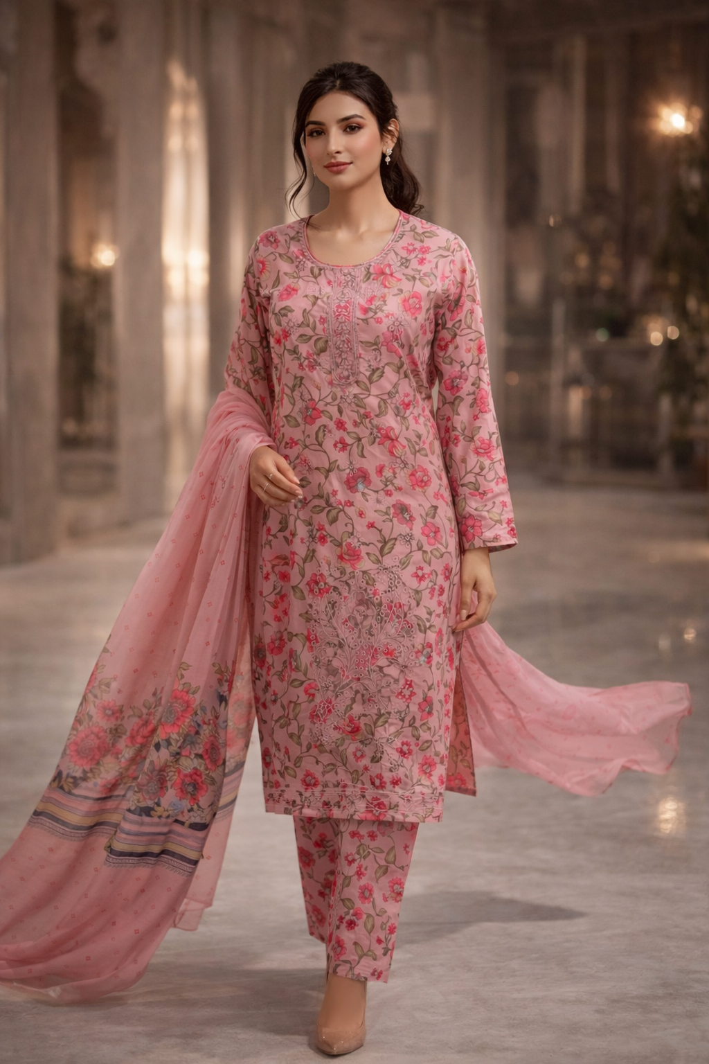 3-Pcs Printed & Embroidered Lawn Suit (Stitched)