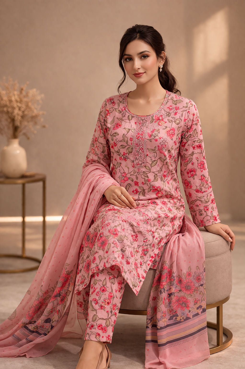 3-Pcs Printed & Embroidered Lawn Suit (Stitched)