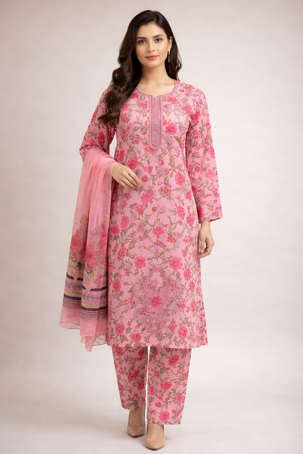 3-Pcs Printed & Embroidered Lawn Suit (Stitched)