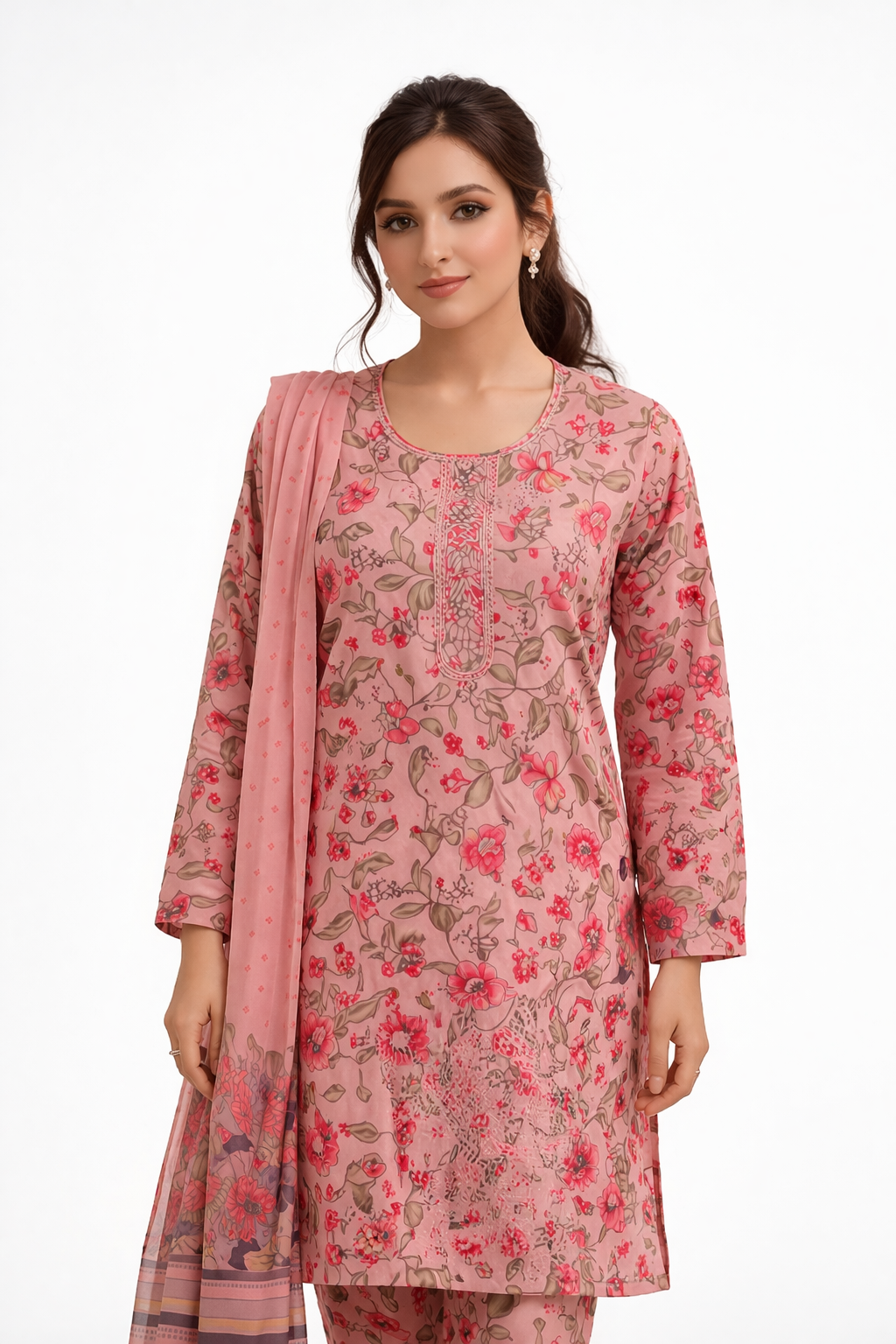 3-Pcs Printed & Embroidered Lawn Suit (Stitched)