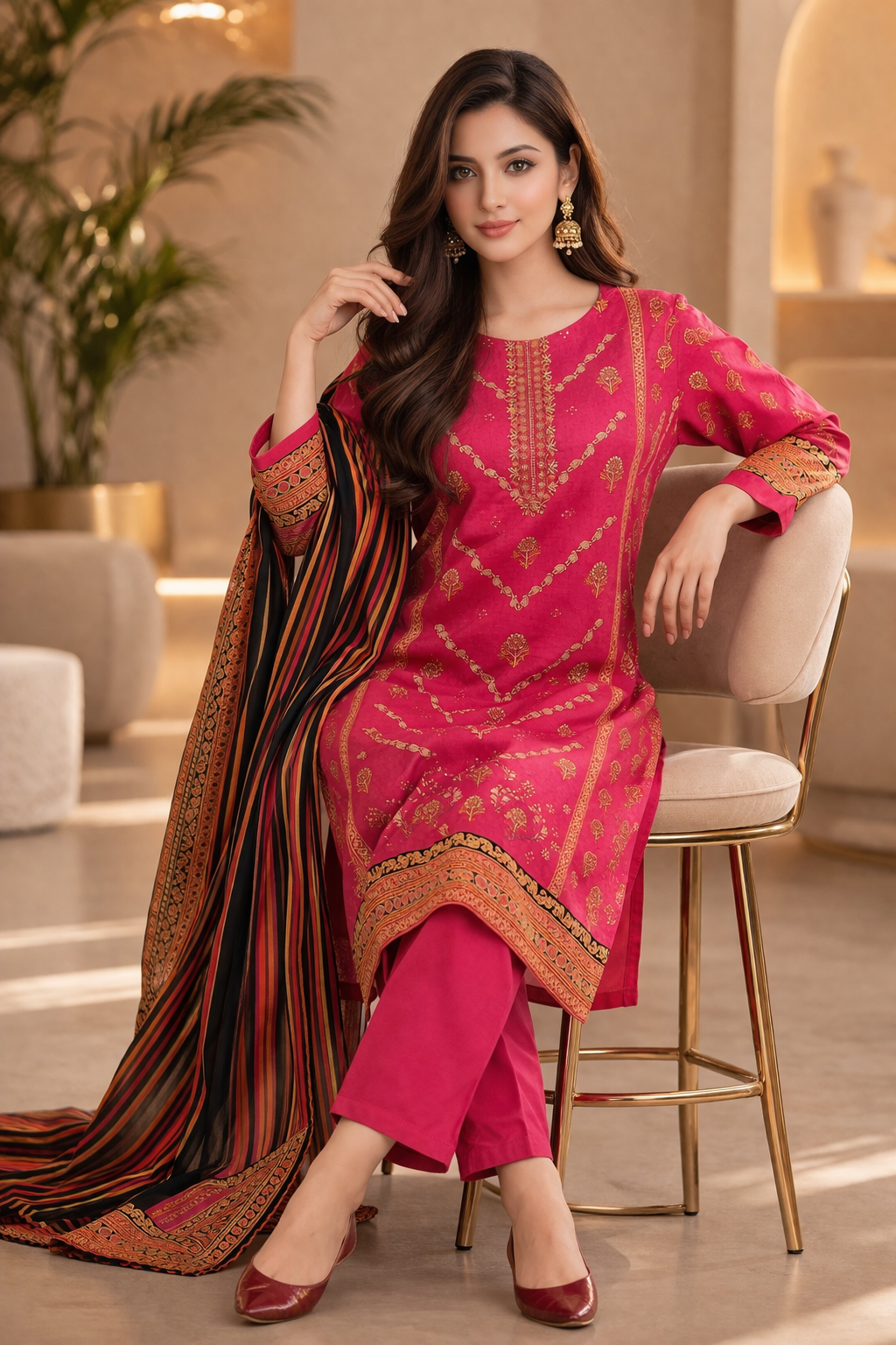 3-Pcs Printed & Embroidered Lawn Suit (Stitched)