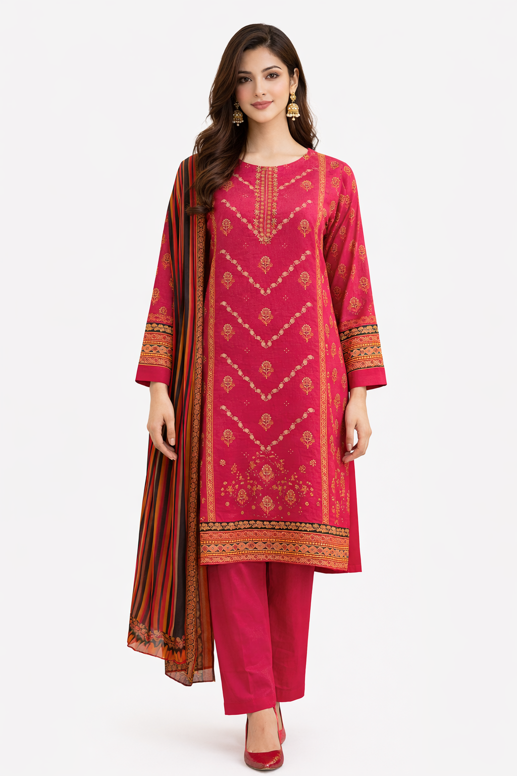 3-Pcs Printed & Embroidered Lawn Suit (Stitched)