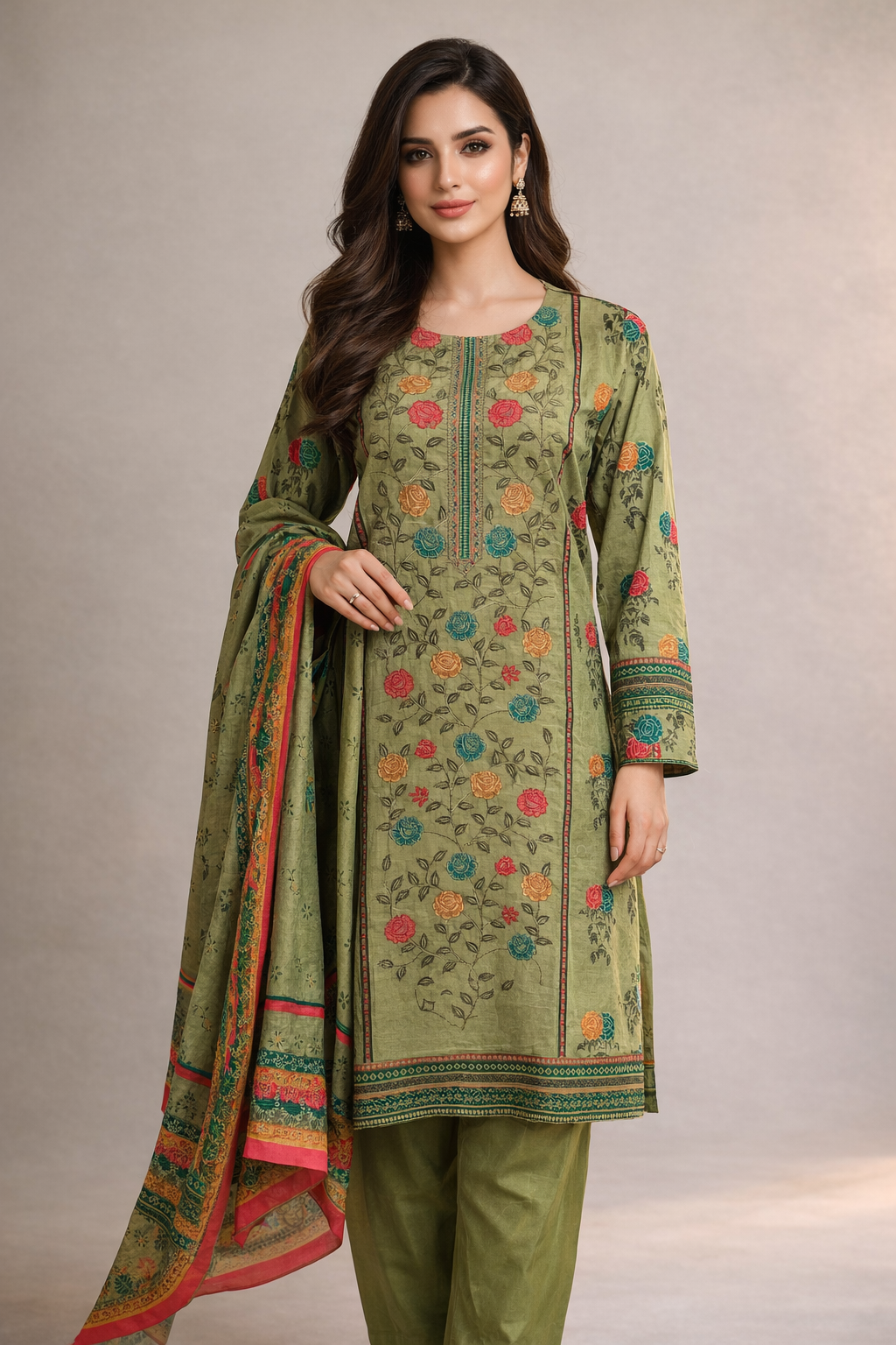 3-Pcs Printed & Embroidered Lawn Suit (Stitched)