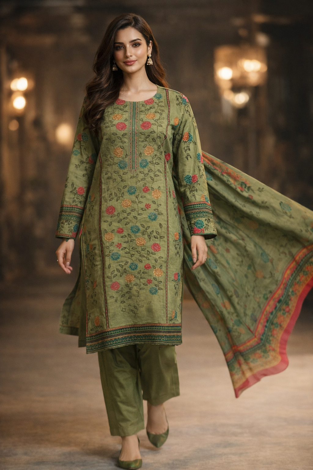 3-Pcs Printed & Embroidered Lawn Suit (Stitched)