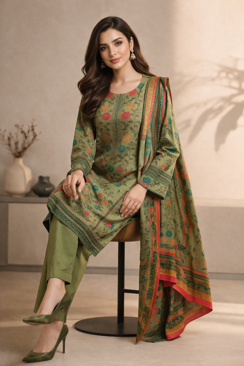3-Pcs Printed & Embroidered Lawn Suit (Stitched)