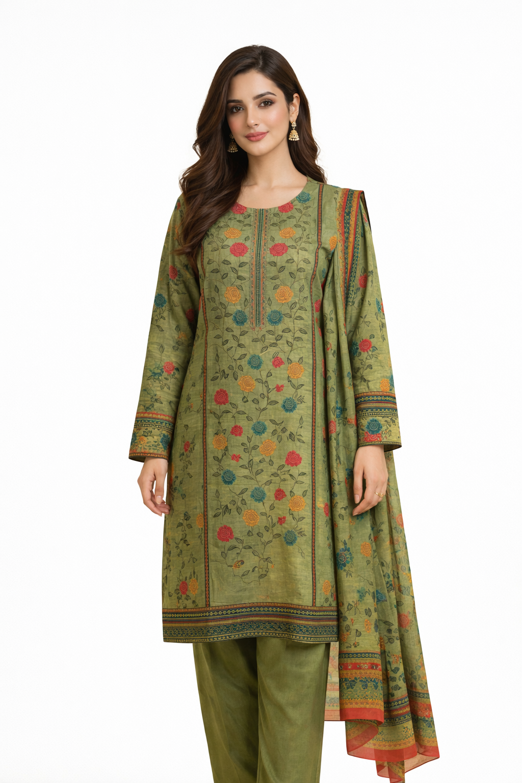 3-Pcs Printed & Embroidered Lawn Suit (Stitched)