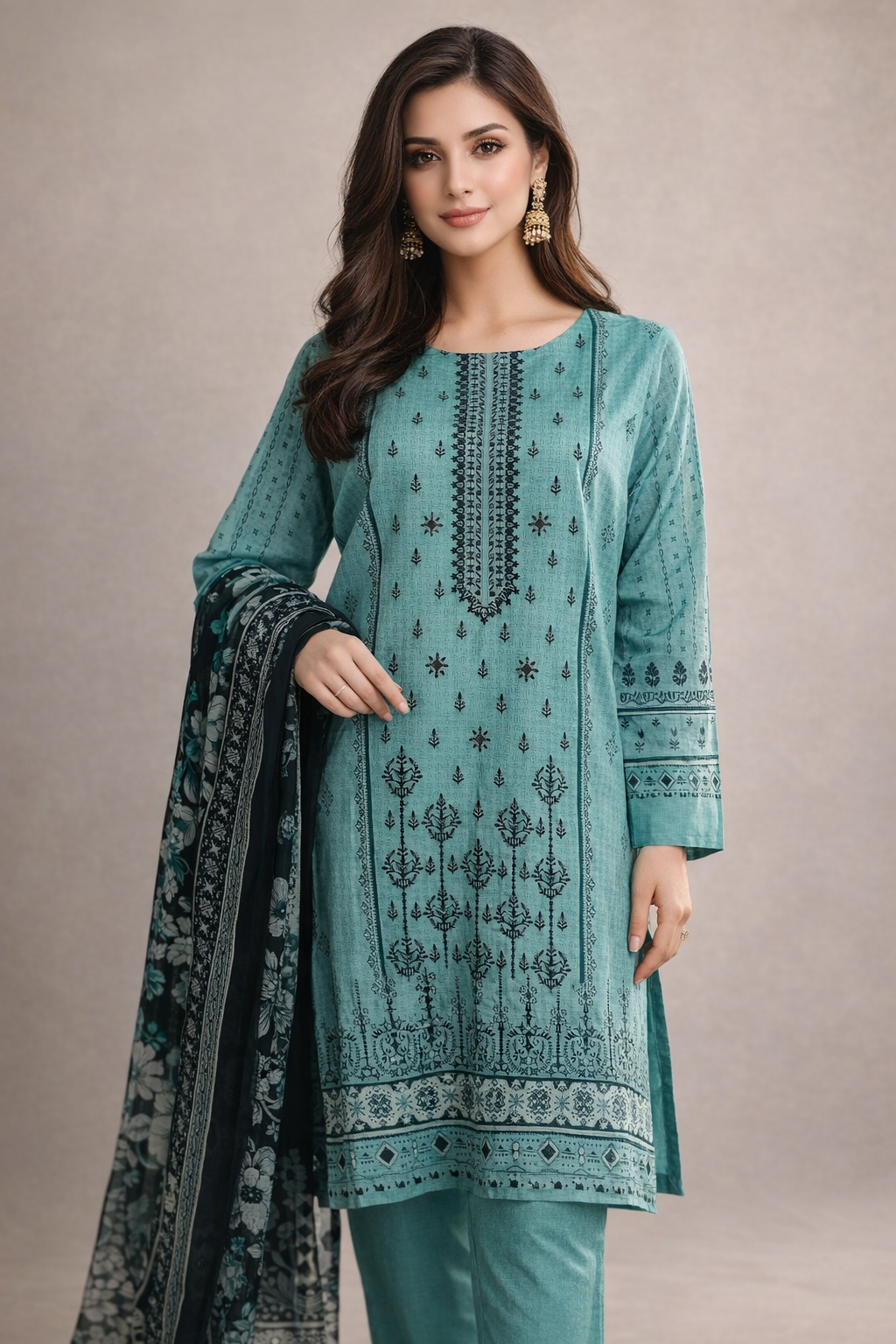 3-Pcs Printed & Embroidered Lawn Suit (Stitched)