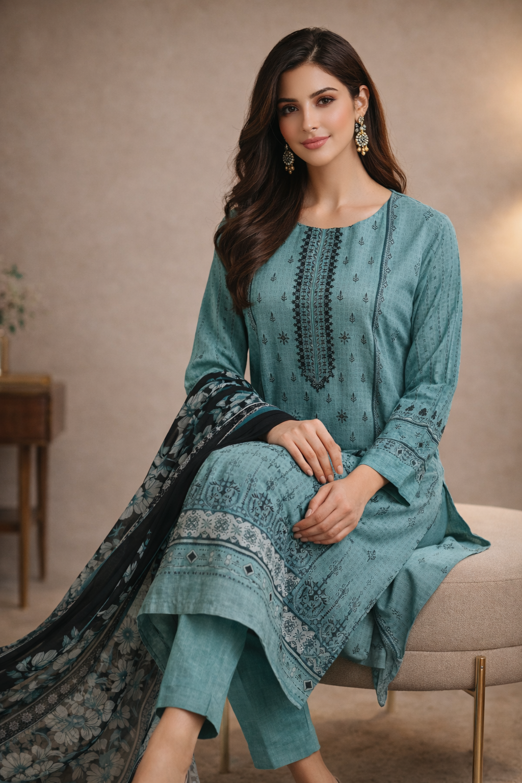 3-Pcs Printed & Embroidered Lawn Suit (Stitched)