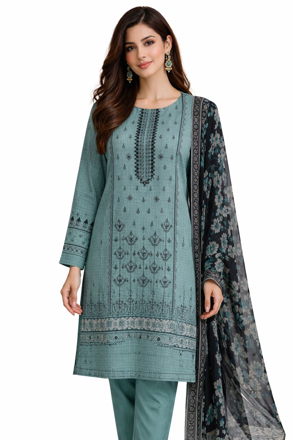 3-Pcs Printed & Embroidered Lawn Suit (Stitched)