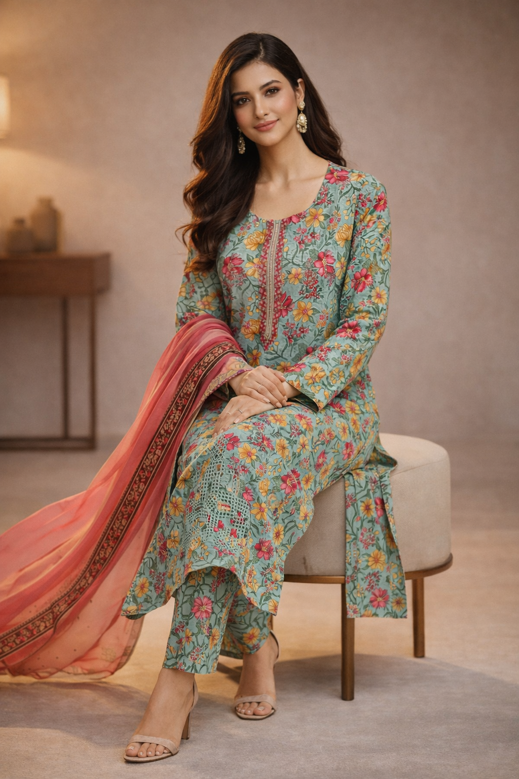 3-Pcs Printed & Embroidered Lawn Suit (Stitched)
