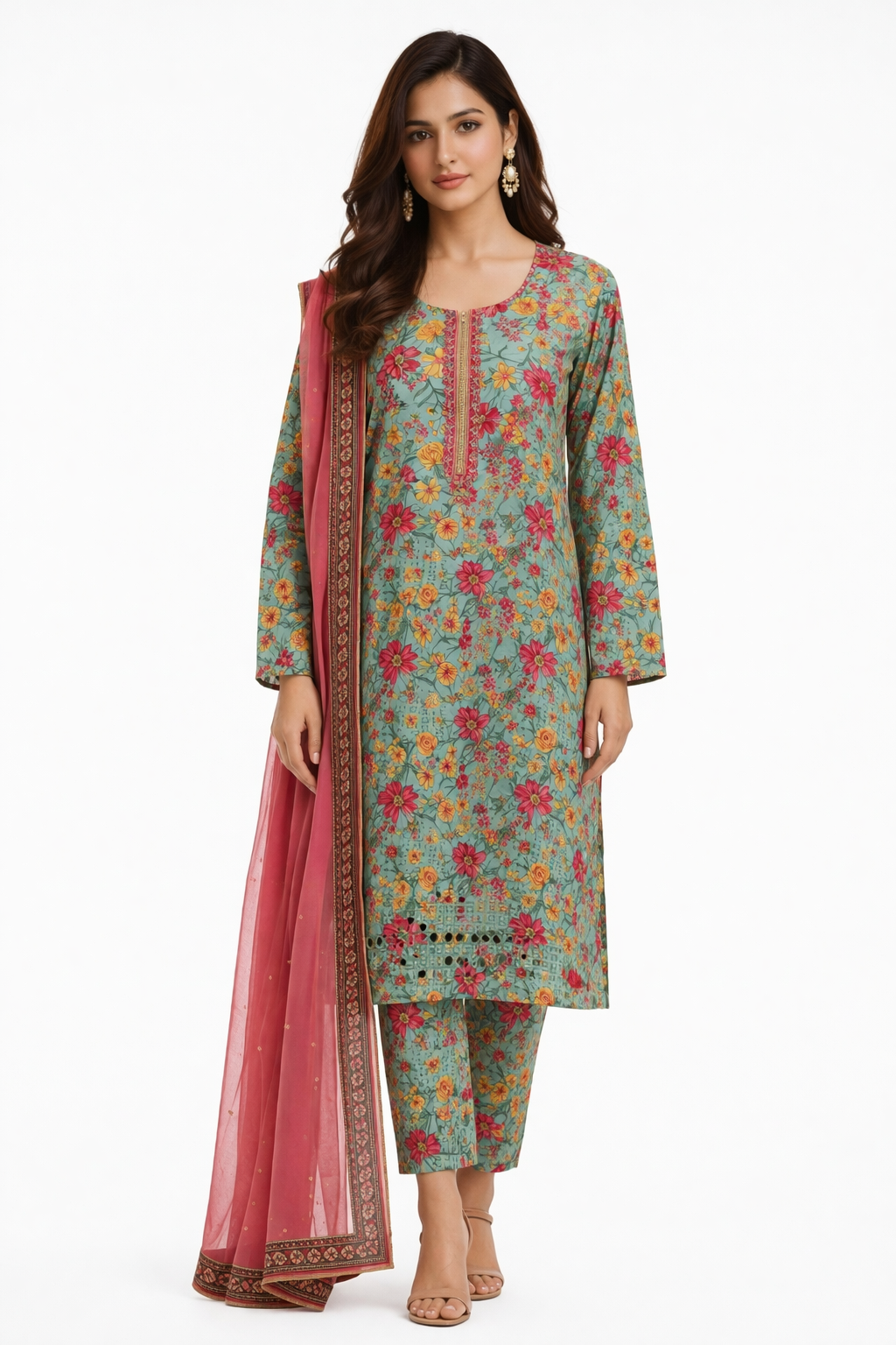 3-Pcs Printed & Embroidered Lawn Suit (Stitched)