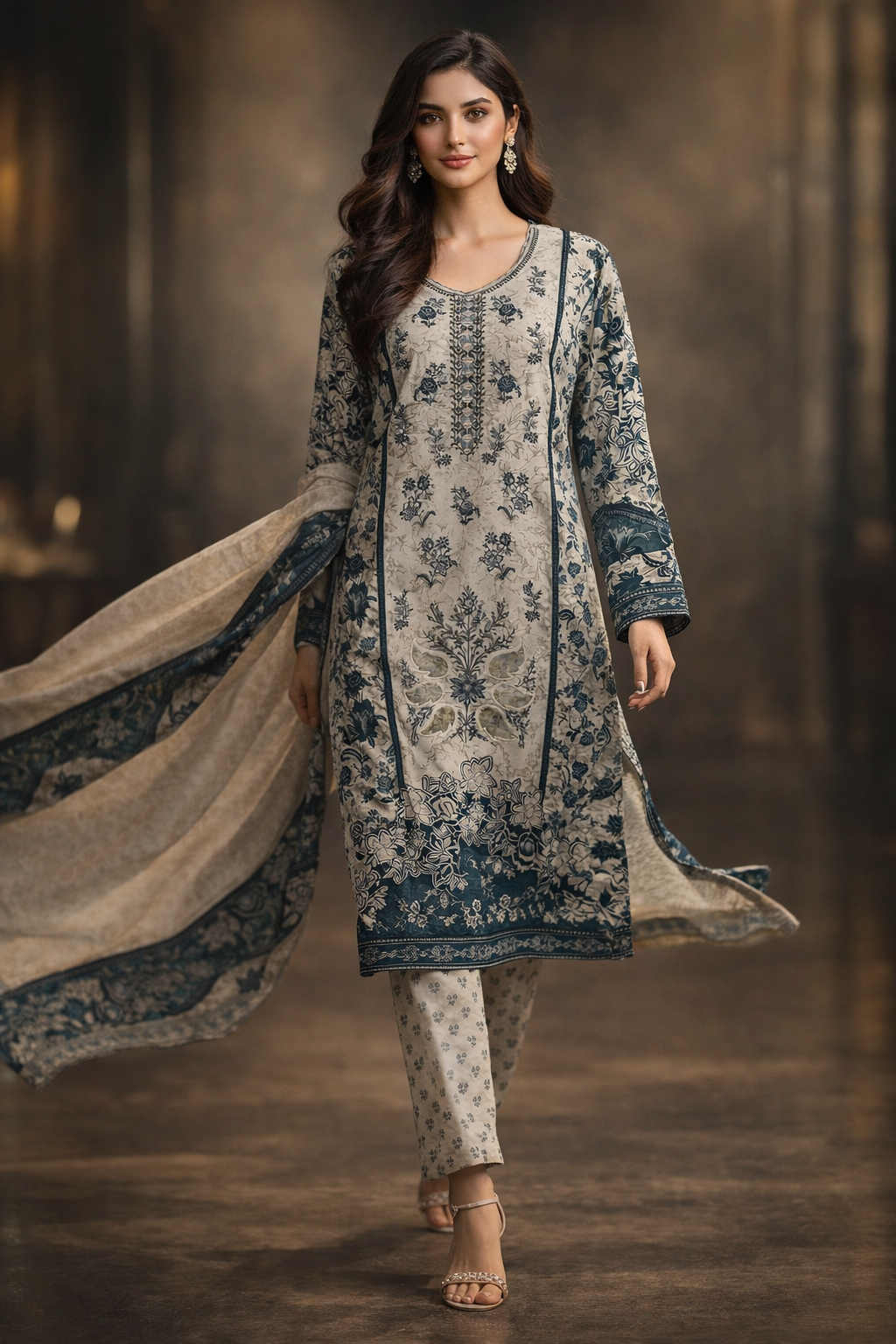 3-Pcs Printed & Embroidered Lawn Suit (Stitched)