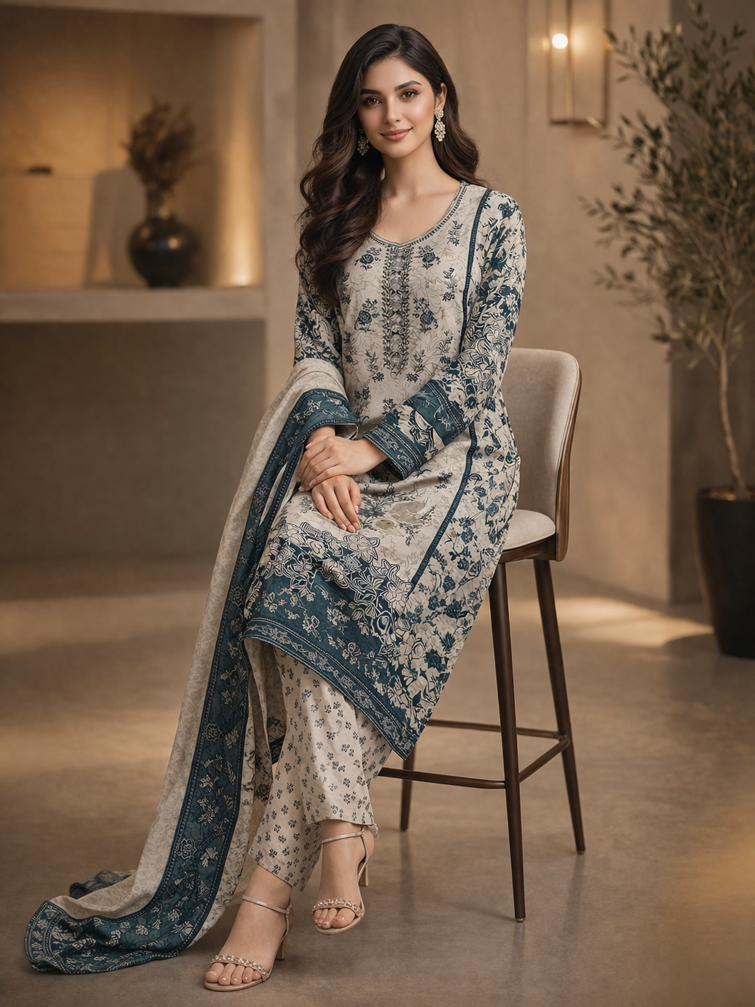3-Pcs Printed & Embroidered Lawn Suit (Stitched)